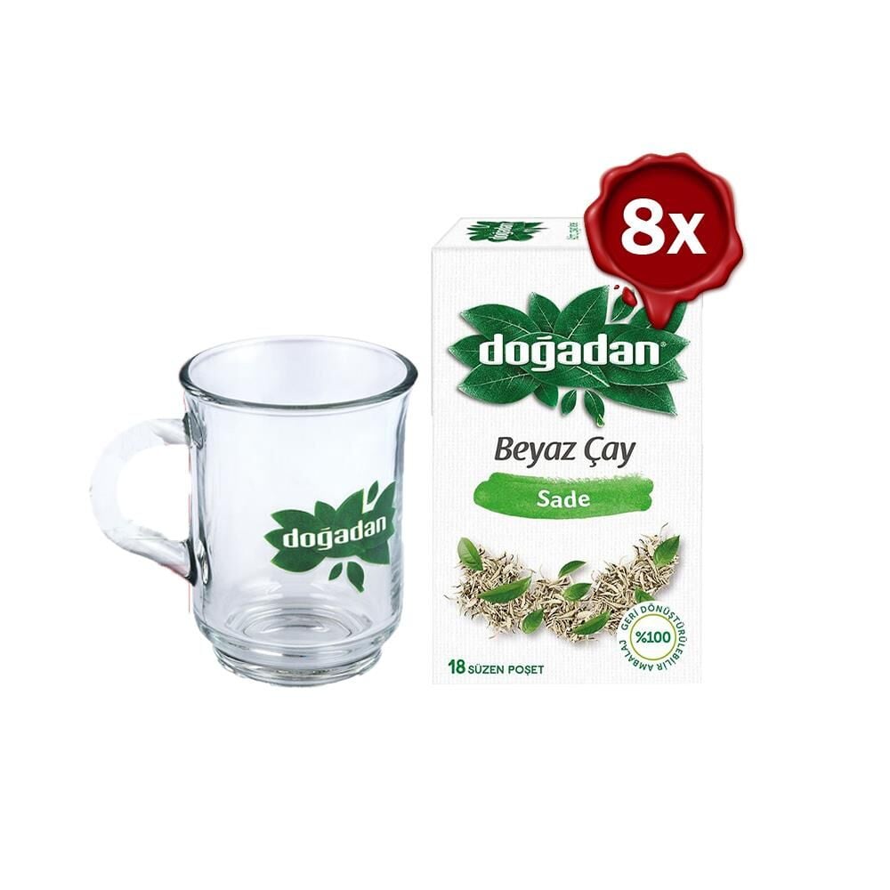 Doğadan Beyaz Çay Sade 28 g x 8 ve Doğadan Cam Bardak Hediyeli