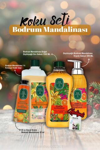 Sabun 500 ml ve 1500 ml, Krem 50 ml, Kolonya 1 lt Bodrum Mandalina ve Rosie Hediye