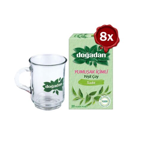 Doğadan Yeşil Çay Yumuşak İçimli 20'li x 8 ve Doğadan Cam Bardak Hediyeli