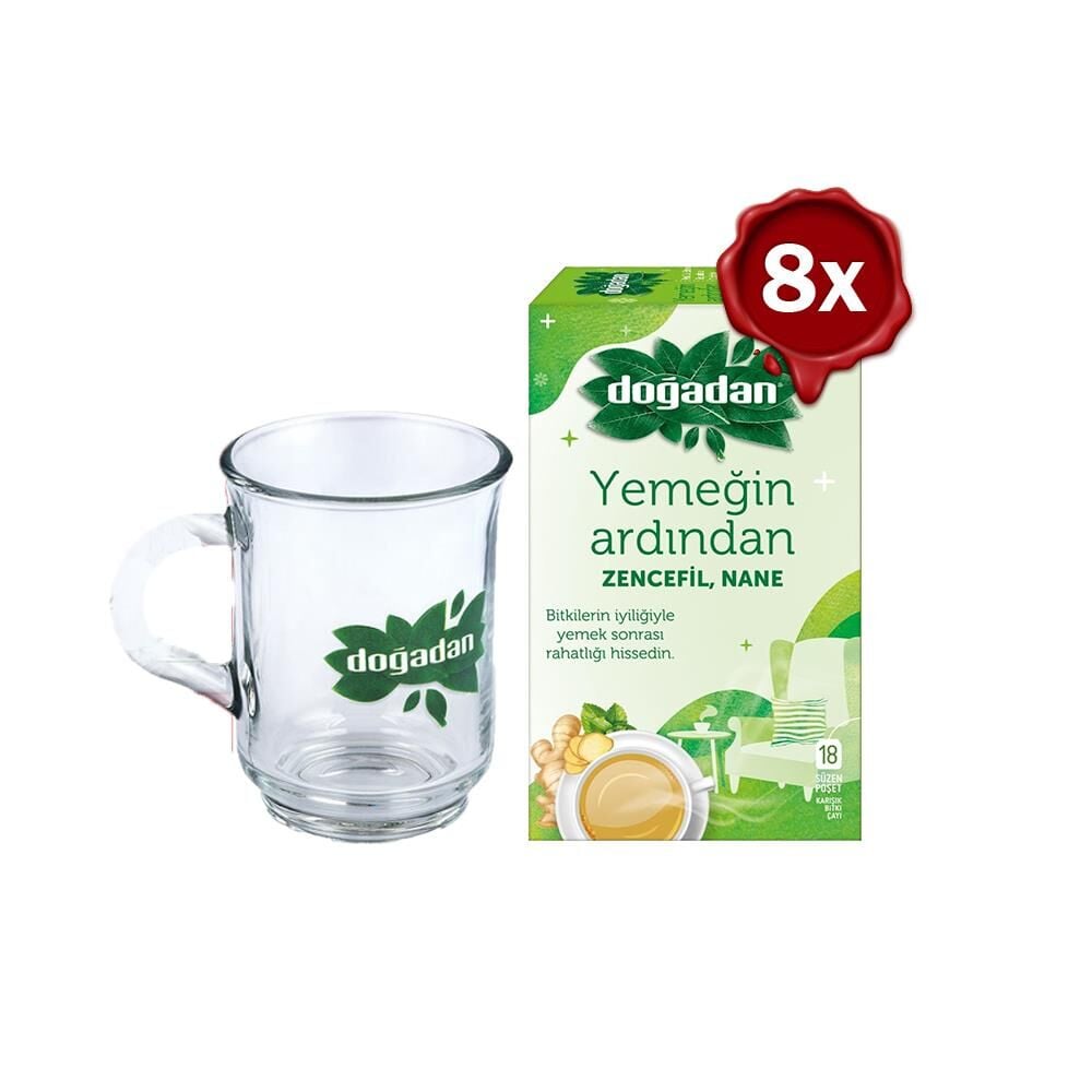 Doğadan Yemeğin Ardından Zencefil Nane 18li x 8 ve Doğadan Cam Bardak Hediyeli
