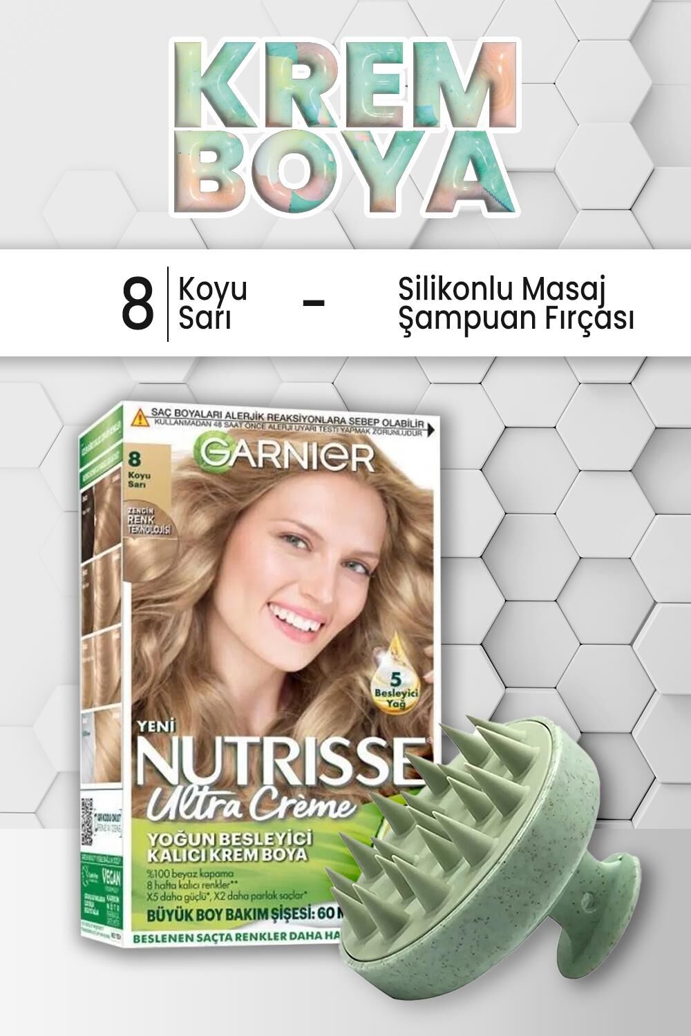 Garnier Nutrisse Kalıcı Krem Saç Boyası 8 Koyu Sarı ve Şampuan Fırçası Yeşil
