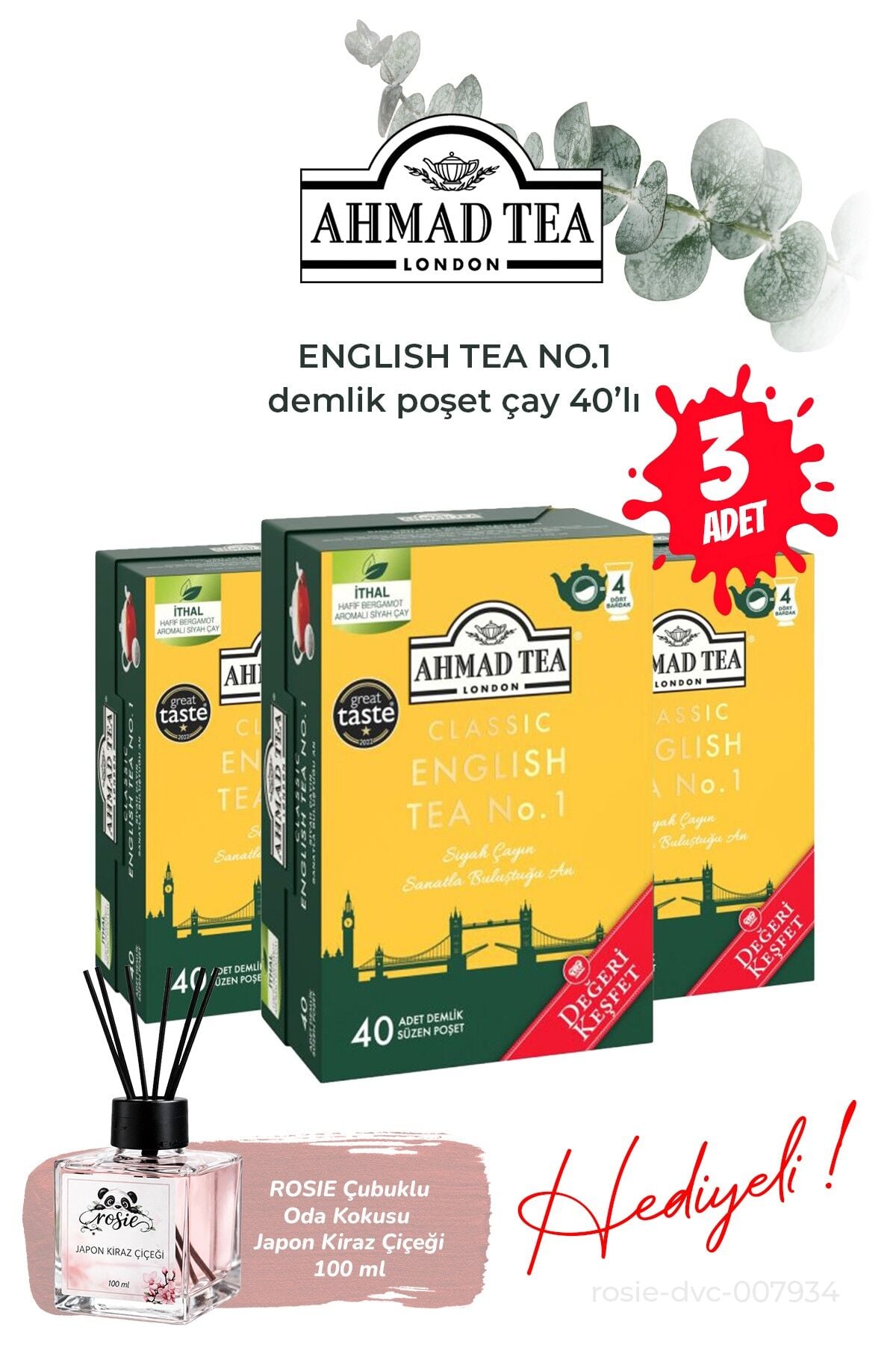 English Tea No.1 Demlik Poşet Çay 40'lı 3 paket ve Oda Kokusu