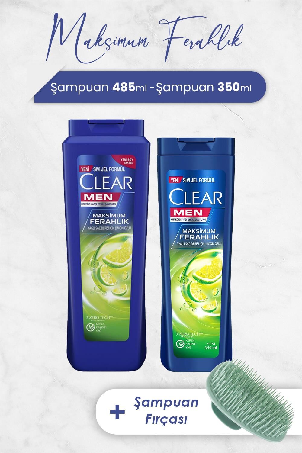 Clear Men Şampuan Maksimum Ferahlık Limon Özlü 485 ml, 350 ml ve Şampuan Fırçası