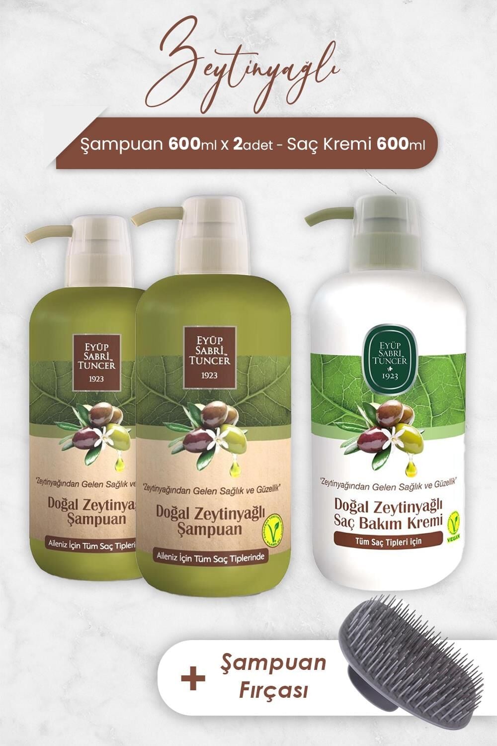 Eyüp Sabri Tuncer Zeytinyağlı Şampuan 600 ml x 2 Adet, Saç Kremi ve Şampaun Fırçası
