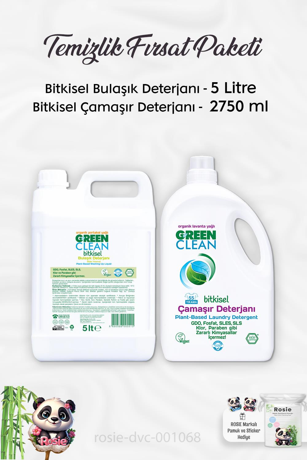 Green Clean  Sıvı Çamaşır Deterjanı 2750 ml, Bulaşık Deterjanı 5 lt ve ROSIE