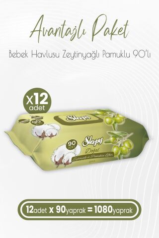 Sleepy Zeytinyağlı ve Pamuklu Islak Bebek Havlusu 90 Yaprak x 12 (1080 Yaprak)