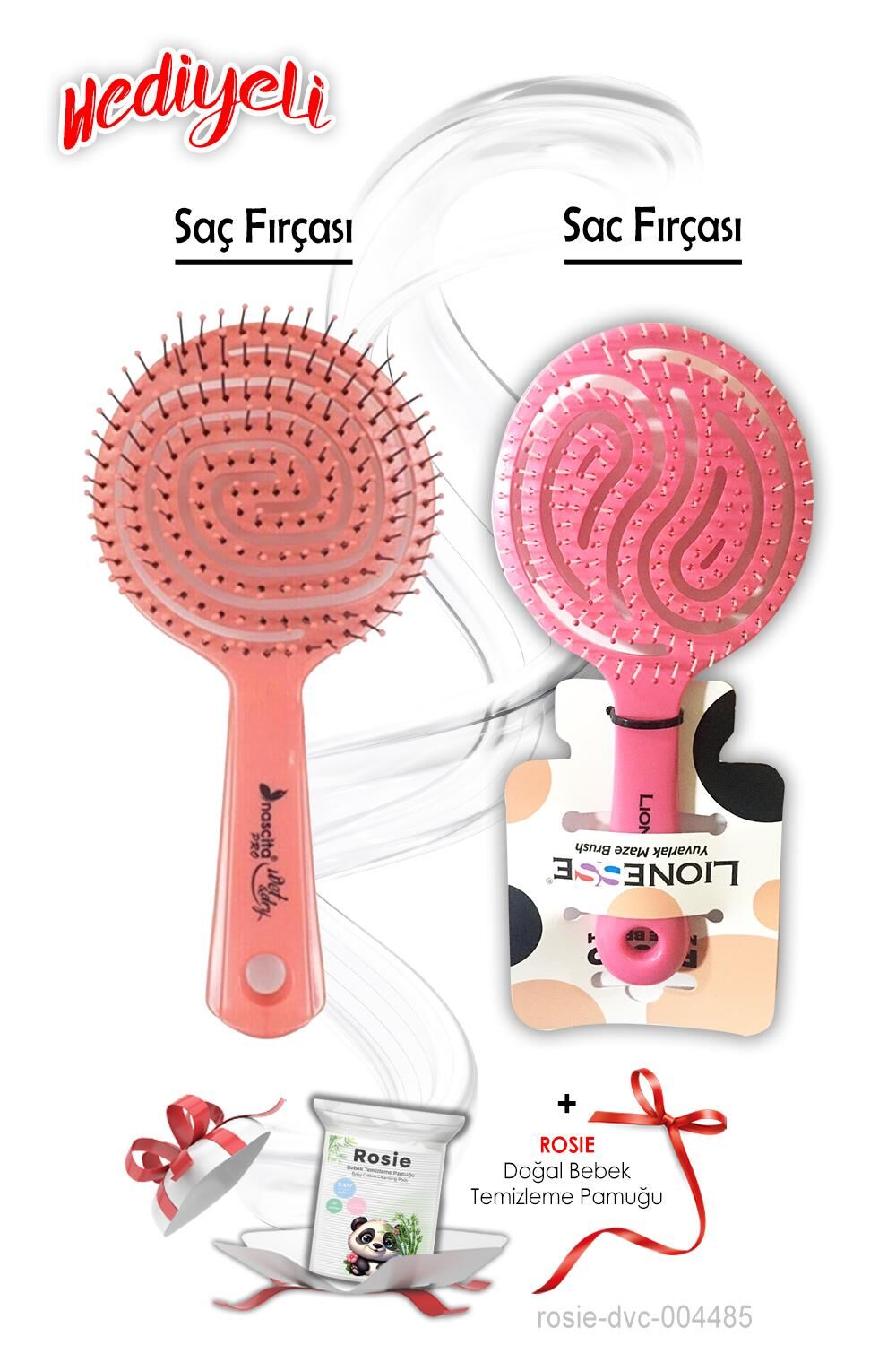 Saç Fırçası Yuvarlak Pembe ve Üç Boyutlu Oval Saç Fırçası Pembe ROSIE Hediyeli