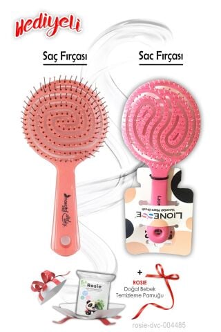 Saç Fırçası Yuvarlak Pembe ve Üç Boyutlu Oval Saç Fırçası Pembe ROSIE Hediyeli