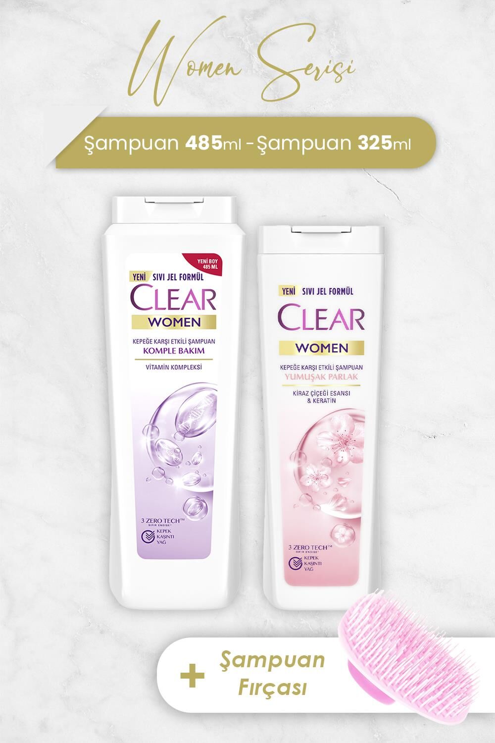 Clear Women Komple Bakım Şampuan 485 ml, 325 ml ve Şampuan Fırçası