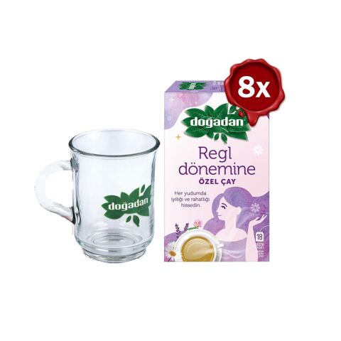 Doğadan Regl Dönemine Özel Bitki Çayı 18' li x 8 ve Doğadan Cam Bardak Hediyeli