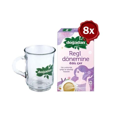 Doğadan Regl Dönemine Özel Bitki Çayı 18' li x 8 ve Doğadan Cam Bardak Hediyeli