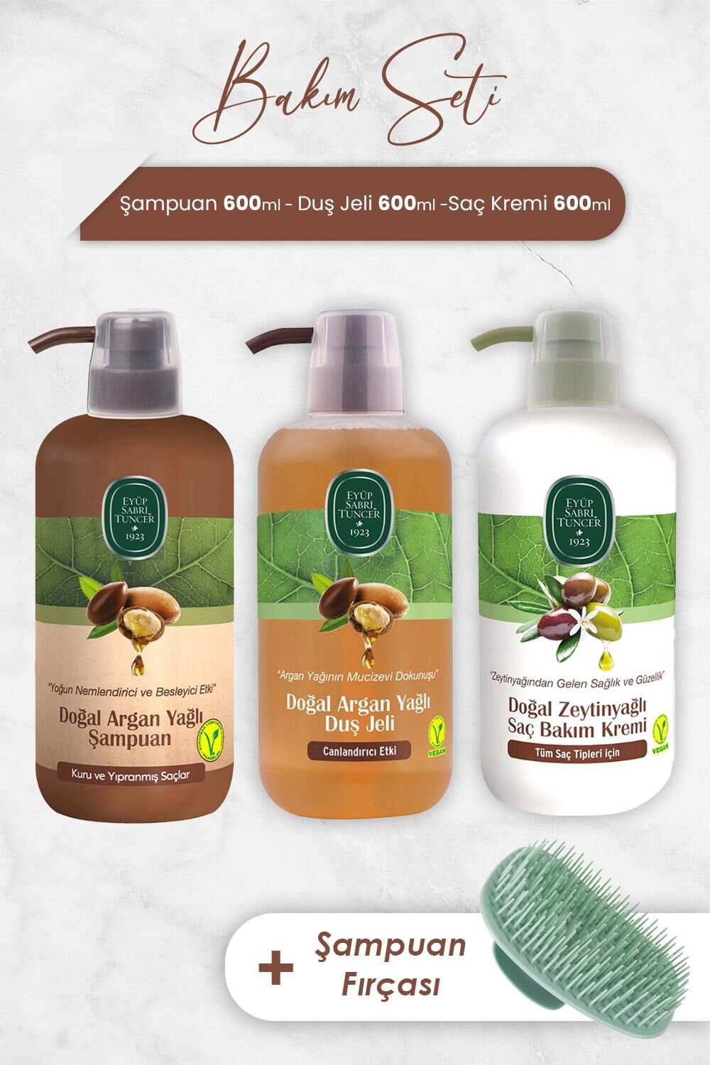 Eyüp Sabri Tuncer Argan Yağlı Şampuan, Duş Jeli, Saç Kremi ve Şampuan Fırçası