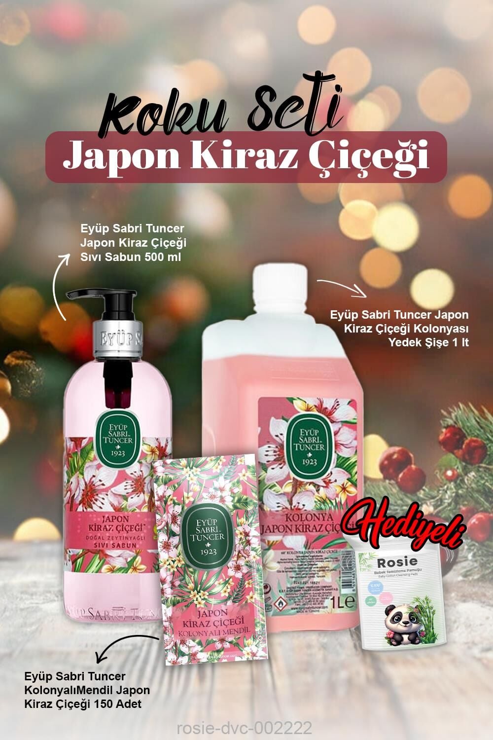 Japon Kiraz Çiçeği Eyüp Sabri Sıvı Sabun 500ml, Kolonya 1lt, Mendil 150'li ve Rosie Pamuk