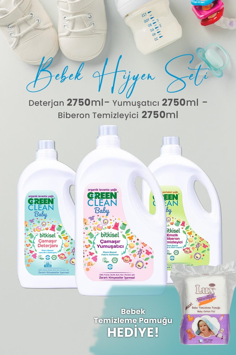 Green Clean Baby Bitkisel Çamaşır Deterjanı, Yumuşatıcı ve Biberon Temizleyici 2,75 L ve Hediyeli
