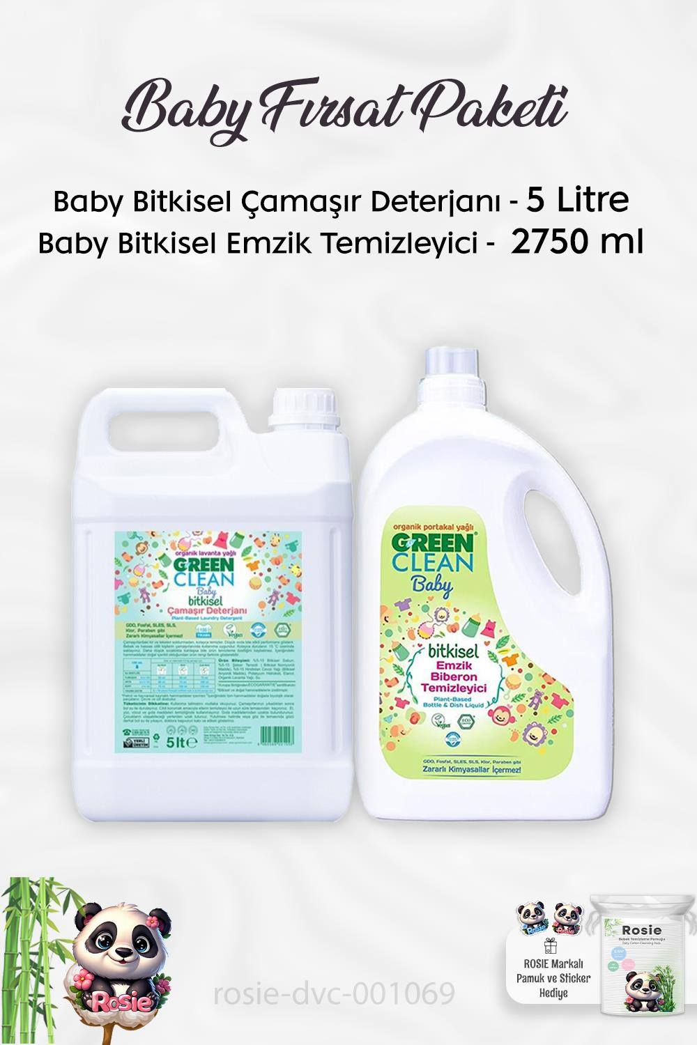 Green Clean Baby Emzik Biberon Temizleyici 2750 ml, Baby Çamaşır Deterjanı 5 lt ve ROSIE