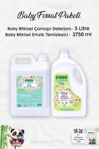 Green Clean Baby Emzik Biberon Temizleyici 2750 ml, Baby Çamaşır Deterjanı 5 lt ve ROSIE