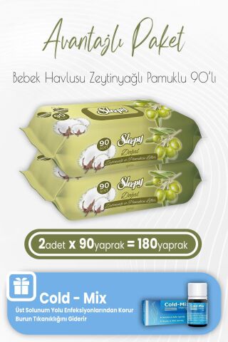 Sleepy Zeytinyağlı Pamuklu Bebek Havlusu 90 x 2 (180 Yaprak) ve İnhaler Damla
