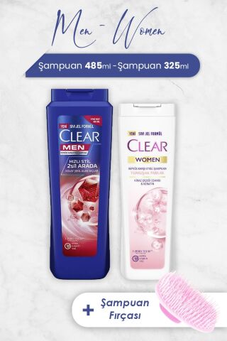 Clear Hızlı Stil Şampuan 485 ml, Yumuşak Parlak 325 ml ve Şampuan Fırçası