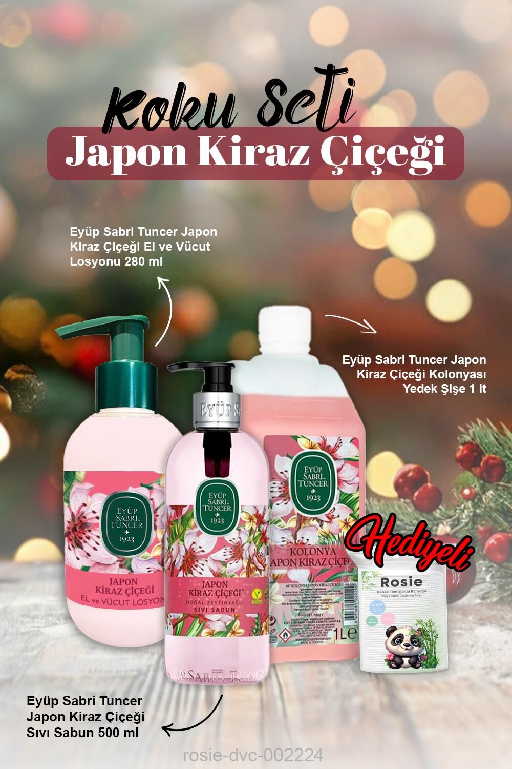 Sıvı Sabun 500ml, Losyon 280ml, Kolonya 1lt Eyüp Sabri Japon Kiraz Çiçeği ve Rosie Pamuk