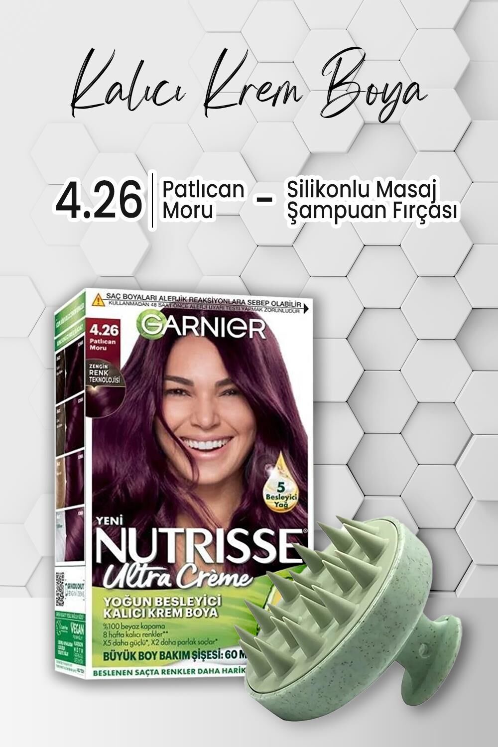 Garnier Nutrisse Kalıcı Krem Saç Boyası 4.26 Patlıcan Moru ve Şampuan Fırçası Yeşil