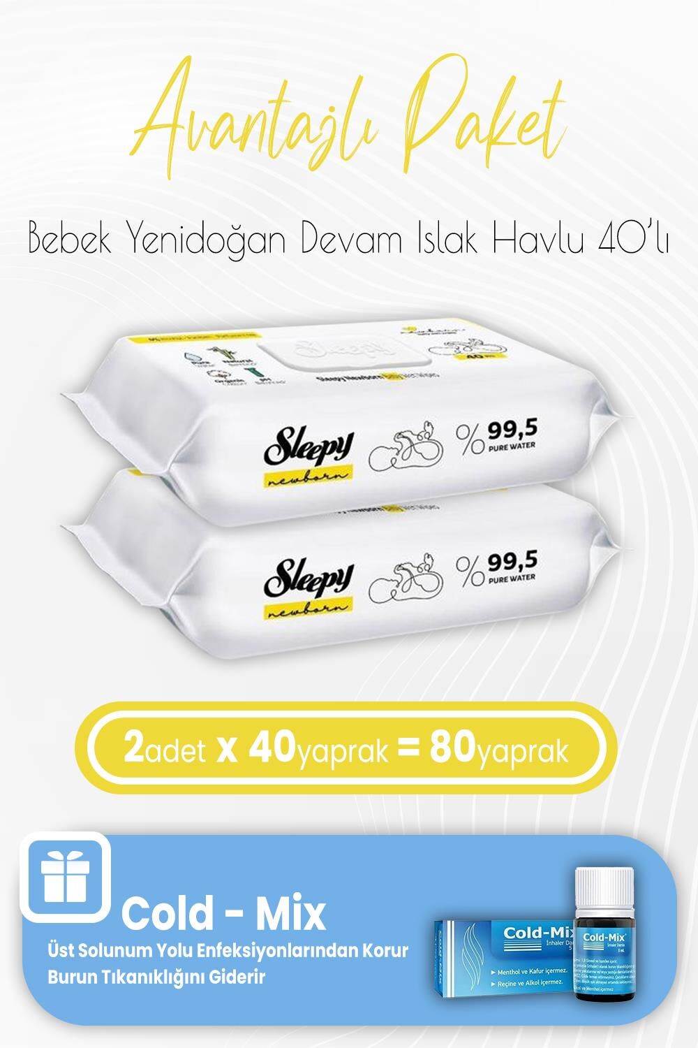 Sleepy Yenidoğan Devam Islak Bebek Havlusu 40 x 2 (80 Yaprak) ve İnhaler Damla