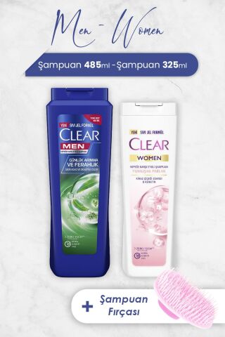 Clear Men Şampuan Günlük Arınma 485 ml, Yumuşak Parlak 325 ml ve Şampuan Fırçası