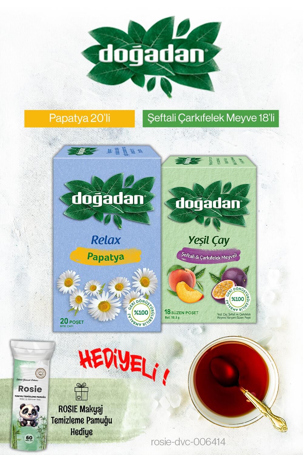 Doğadan Papatya ve Şeftali Çarkıfelek Meyveli Poşet Çay ve Rosie Hediyeli