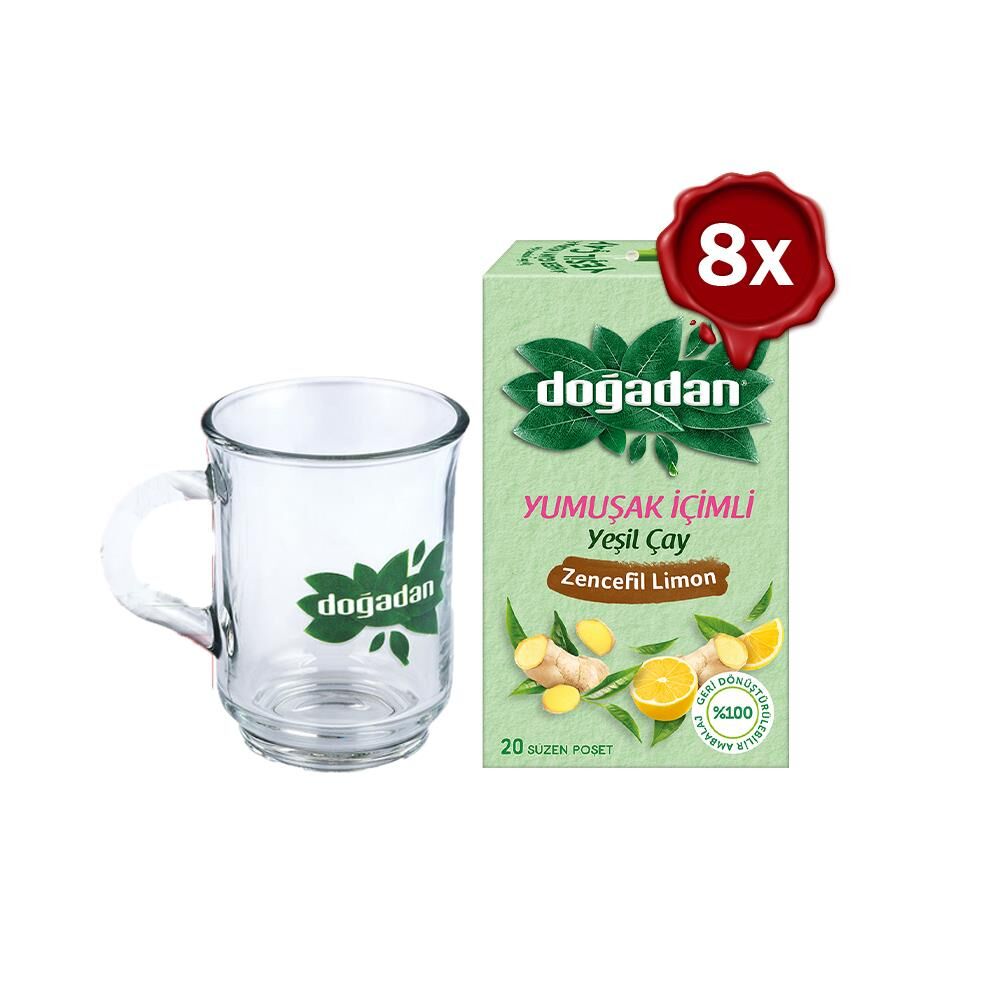 Doğadan Yeşil Çay Yumuşak İçimli Zencefil Limon 20 li x 8 ve Doğadan Cam Bardak Hediyeli