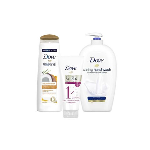 Dove Saç Bakım Şampuanı Hindistan Cevizi, Saç Kremi Uzun Saç Terapisi ve Sıvı Sabun Caring Hand