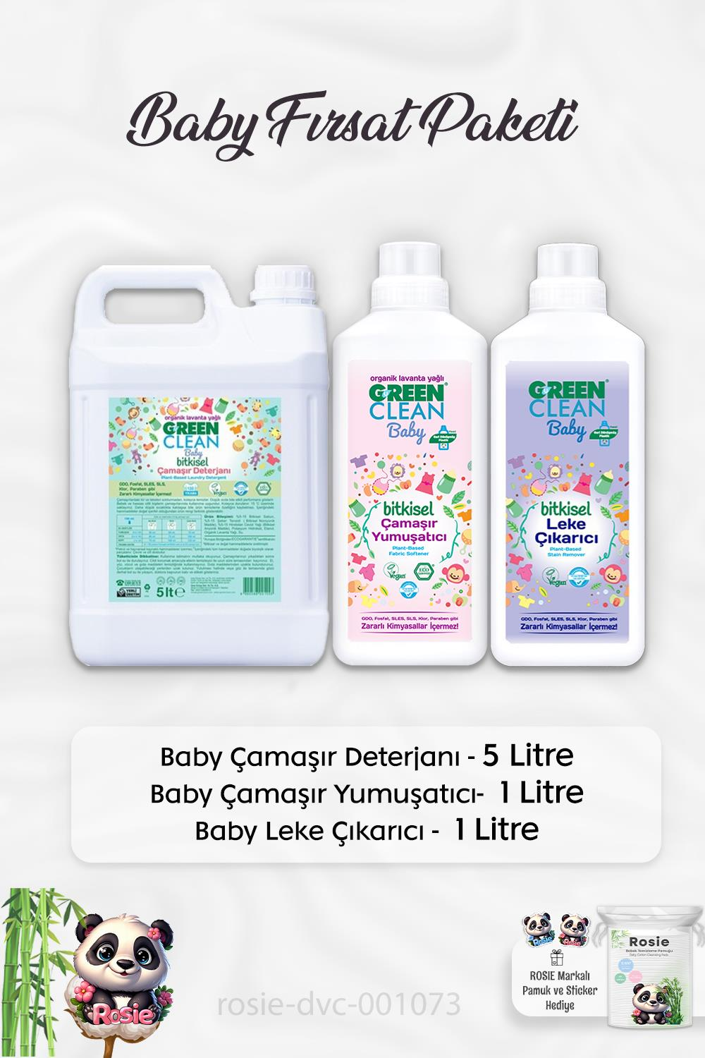 Green Clean Baby Çamaşır Deterjanı 5 lt, Çamaşır Yumuşatıcızı 1 lt, Leke Çıkarıcı 1 lt ve ROSIE