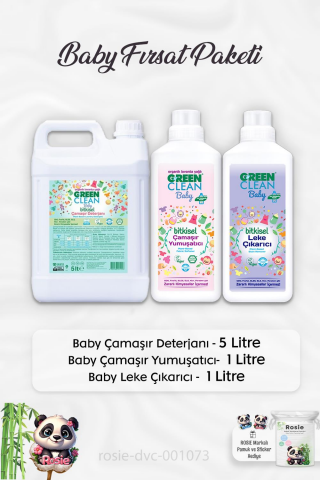Green Clean Baby Çamaşır Deterjanı 5 lt, Çamaşır Yumuşatıcızı 1 lt, Leke Çıkarıcı 1 lt ve ROSIE