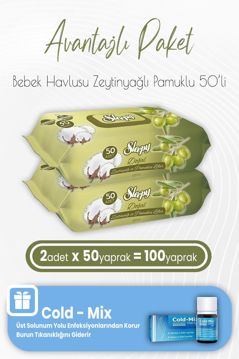 Sleepy Zeytinyağlı Pamuklu Bebek Havlusu 50 x 2 (100 Yaprak) ve İnhaler Damla