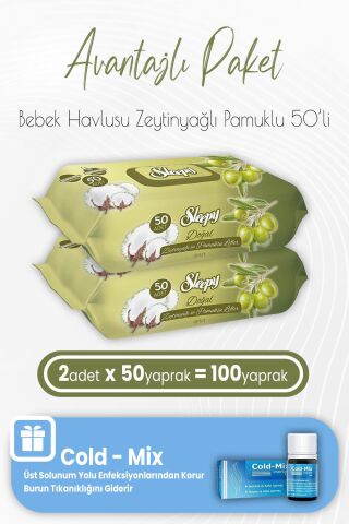 Sleepy Zeytinyağlı Pamuklu Bebek Havlusu 50 x 2 (100 Yaprak) ve İnhaler Damla