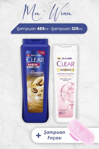 Clear Men Şampuan Saç Dökülmesine Karşı 485 ml, Yumuşak Parlak 325 ml ve Şampuan Fırçası