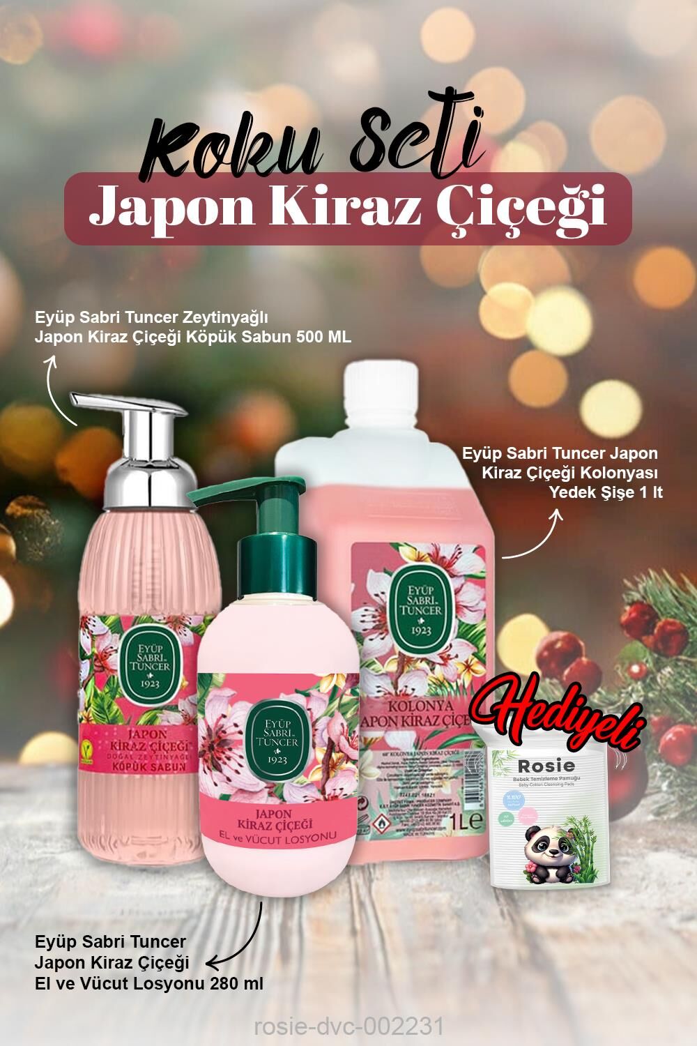 Japon Kiraz Çiçeği Köpük Sabun 500ml, Kolonya 1lt, Losyon 280ml ve Rosie Pamuk