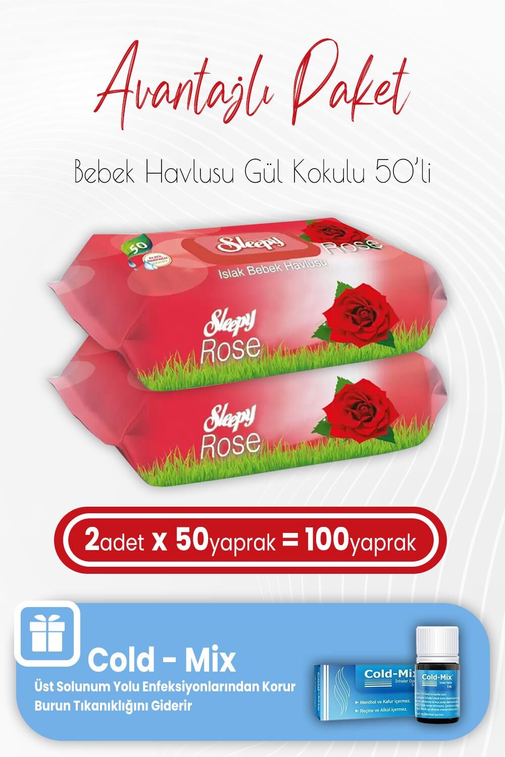 Sleepy Gül Kokulu Islak Bebek Havlusu 50 x 2 (100 Yaprak) ve İnhaler Damla