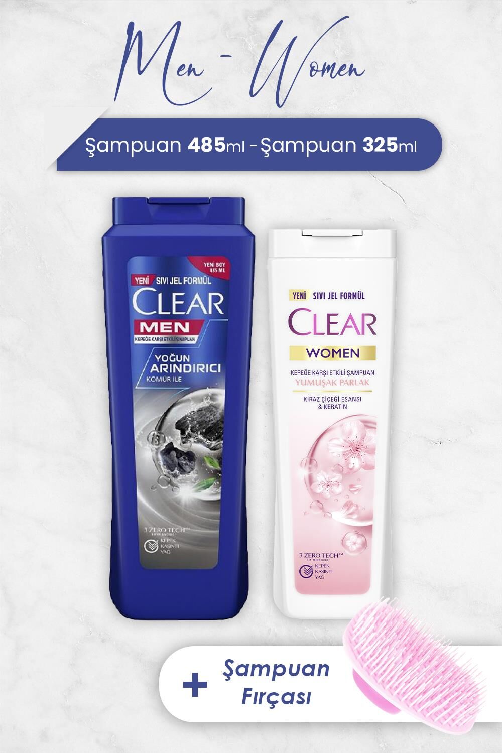 Clear Men Şampuan Yoğun Arındırıcı 485 ml, Yumuşak Parlak 325 ml ve Şampuan Fırçası