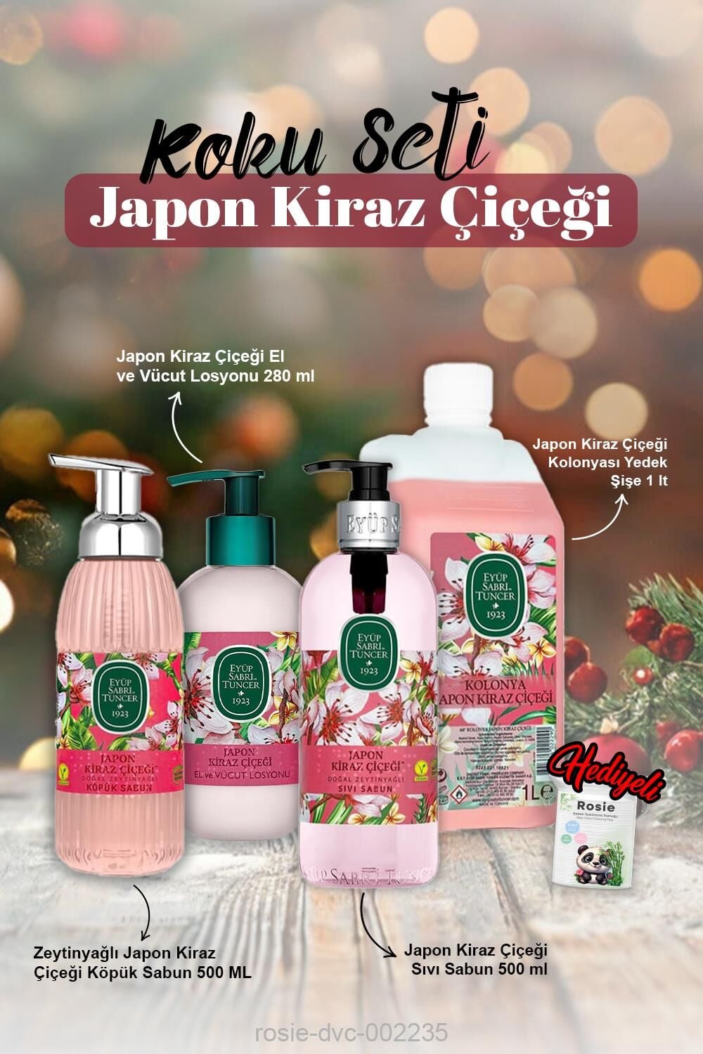 Kolonya 1lt, Sıvı ve Köpük Sabun 500ml, Losyon 280ml, Japon Kiraz Çiçeği ve Rosie
