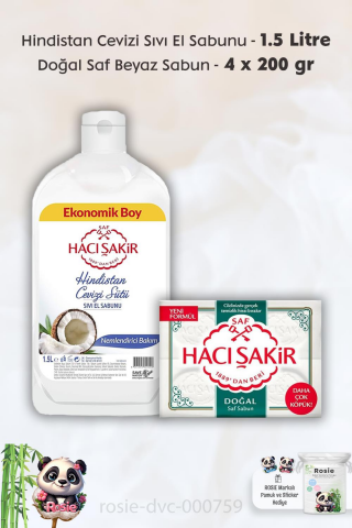 Hacı Şakir Hindistan Cevizi Sıvı El Sabunu 1500 ml,  Geleneksel Beyaz Sabun 4 x 200 gr ve ROSIE