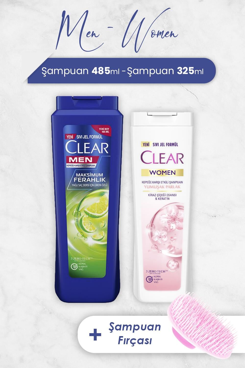 Clear Men Şampuan Maksimum Ferahlık 485 ml, Yumuşak Parlak 325 ml ve Şampuan Fırçası