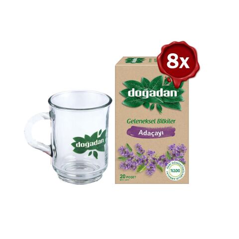Doğadan Adaçayı Bitki Çayı 20' li x 8 ve Doğadan Cam Bardak Hediyeli