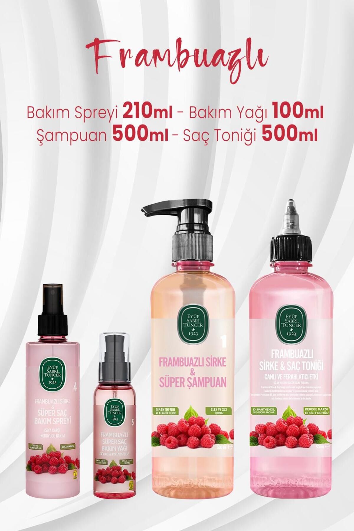 Eyüp Sabri Tuncer Frambuazlı Saç Bakım Spreyi 210 ml, Saç Yağı 100 ml, Şampuan 500 ml ve Toniği 500 ml