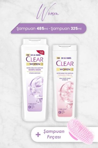 Clear Women Komple Bakım Şampuan 485 ml, Yumuşak Parlak 325 ml ve Şampuan Fırçası