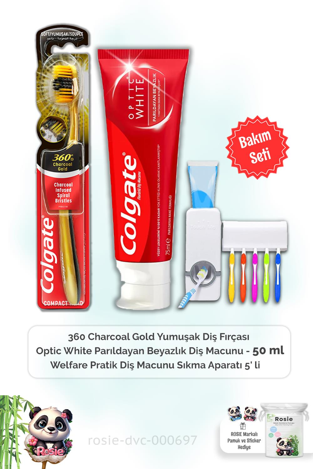 Colgate Optic White 50 ml Diş Macunu, 360 Charcoal Gold Diş Fırçası, Diş Macunu Aparatı ve ROSIE