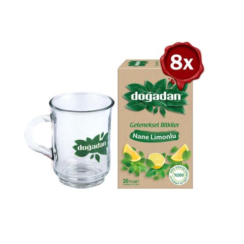 Doğadan Nane Limonlu Bitki Çayı 20'li x 8 ve Doğadan Cam Bardak Hediyeli