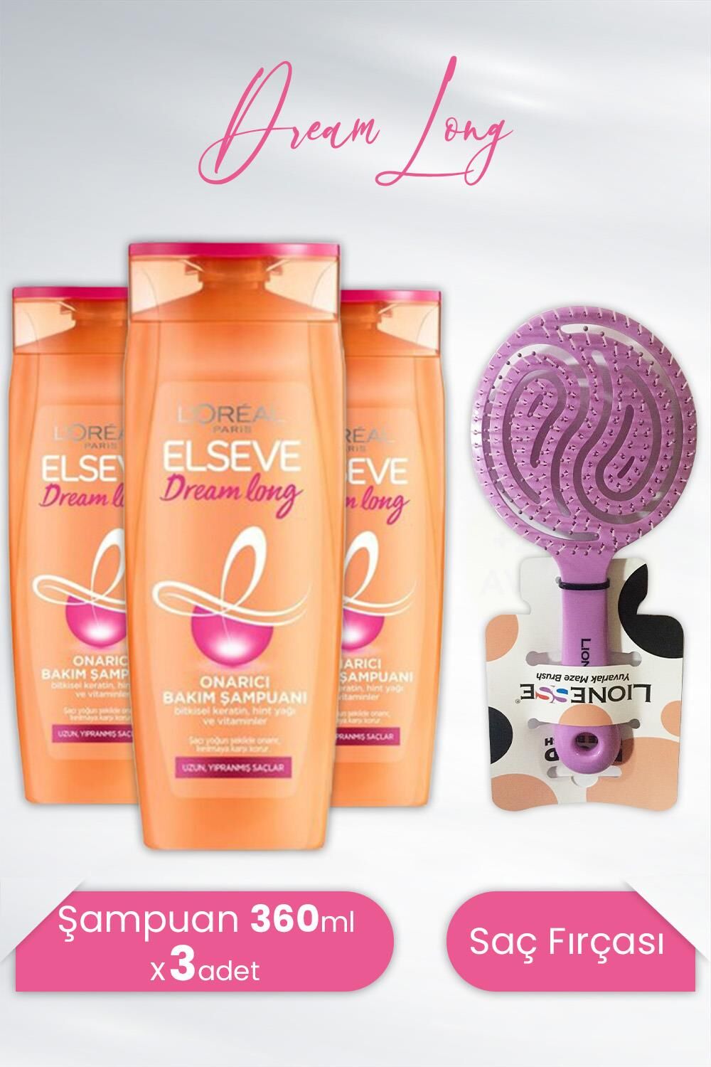 Elseve Dream Long Onarıcı Şampuan 360 ml x 3 Adet ve Tarko Lionesse Saç Fırçası Yuvarlak Mor