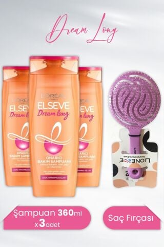 Elseve Dream Long Onarıcı Şampuan 360 ml x 3 Adet ve Tarko Lionesse Saç Fırçası Yuvarlak Mor