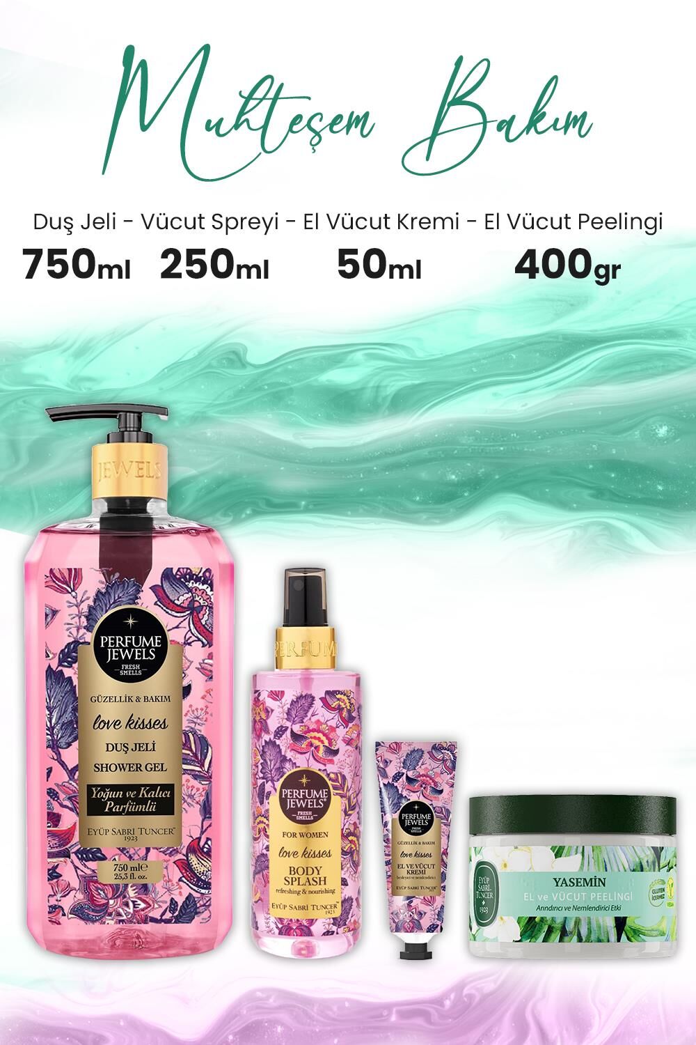 Eyüp Sabri Tuncer Peeling Yasemin 400 gr, Love Kisses Duş Jeli 750 ml, El Kremi 50 ml ve Body Splash 250 ml