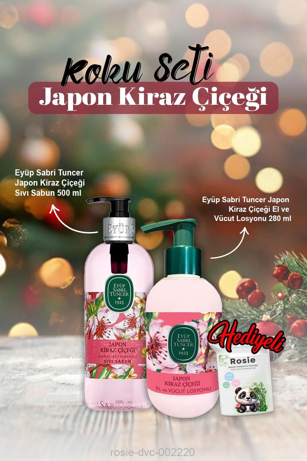 Eyüp Sabri Japon Kiraz Çiçeği Sıvı Sabun 500 ml, El ve Vücut Losyonu 280 ml ve Rosie Pamuk