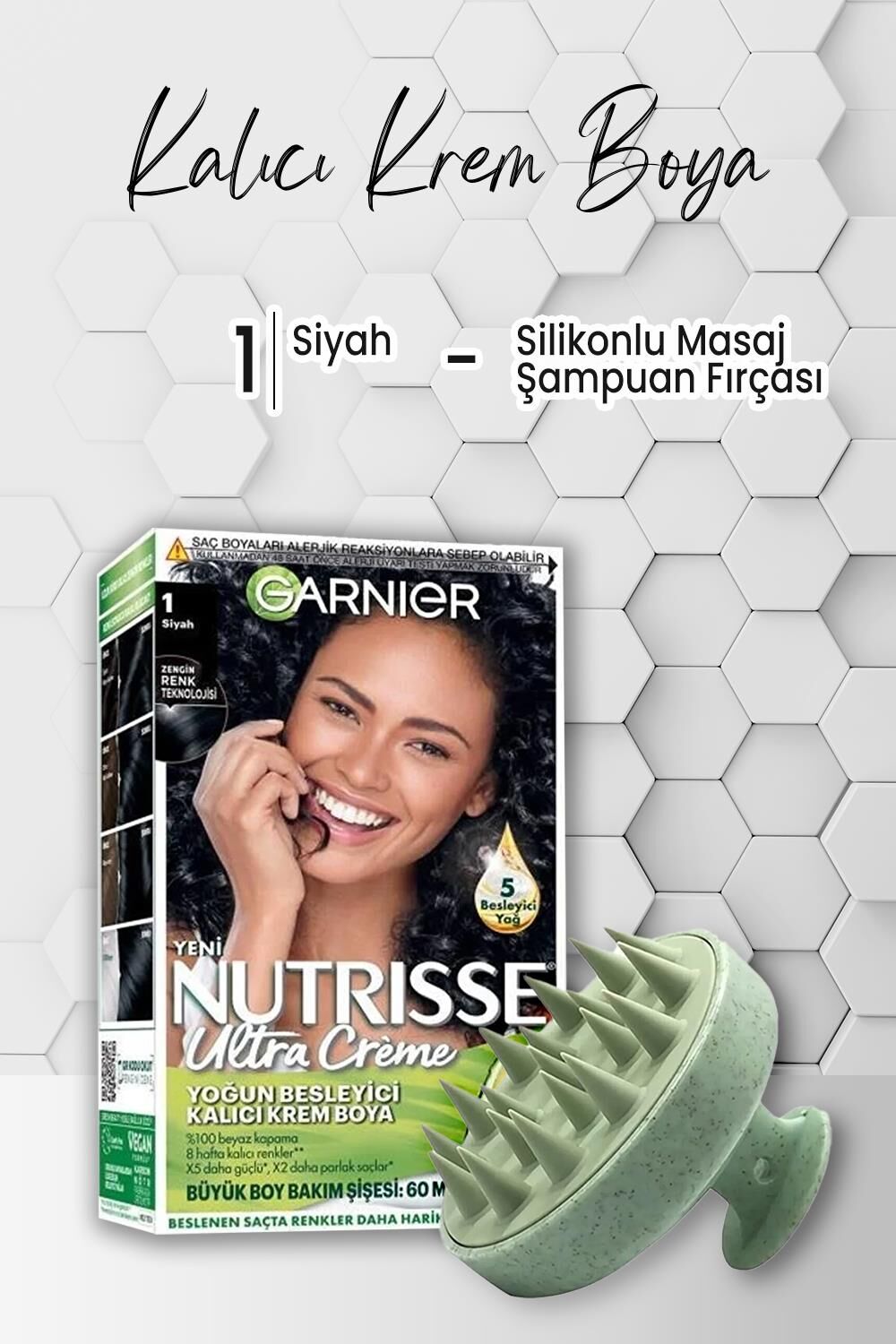 Garnier Nutrisse Kalıcı Krem Saç Boyası 1 Siyah ve Şampuan Fırçası Yeşil